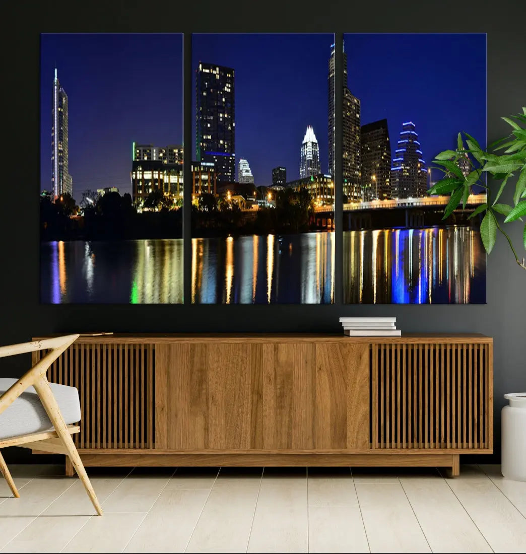 Large Austin City Night Blue Skyline Lights Cityscape Wall Art Print on Canvas