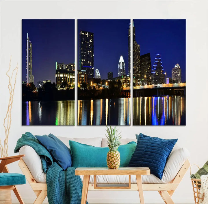 Large Austin City Night Blue Skyline Lights Cityscape Wall Art Print on Canvas