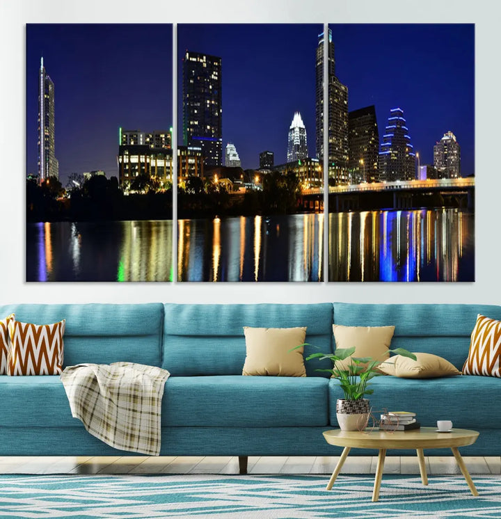 Large Austin City Night Blue Skyline Lights Cityscape Wall Art Print on Canvas