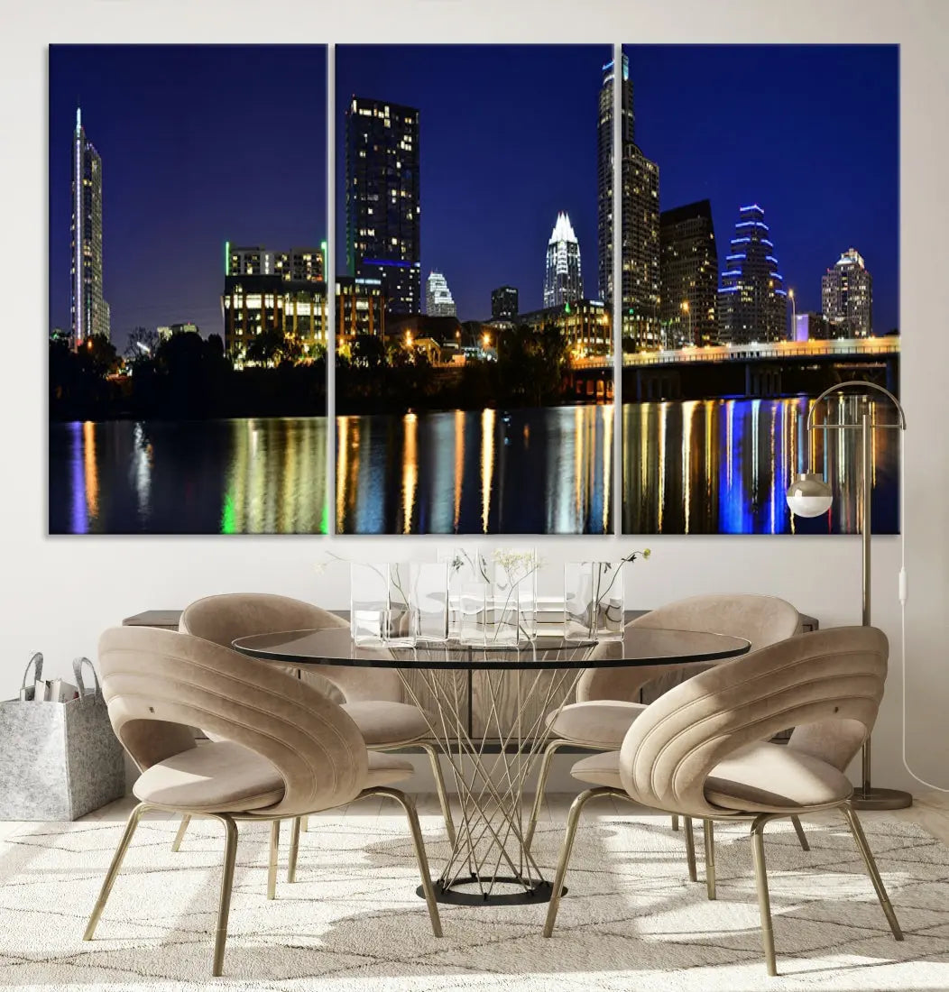 Large Austin City Night Blue Skyline Lights Cityscape Wall Art Print on Canvas