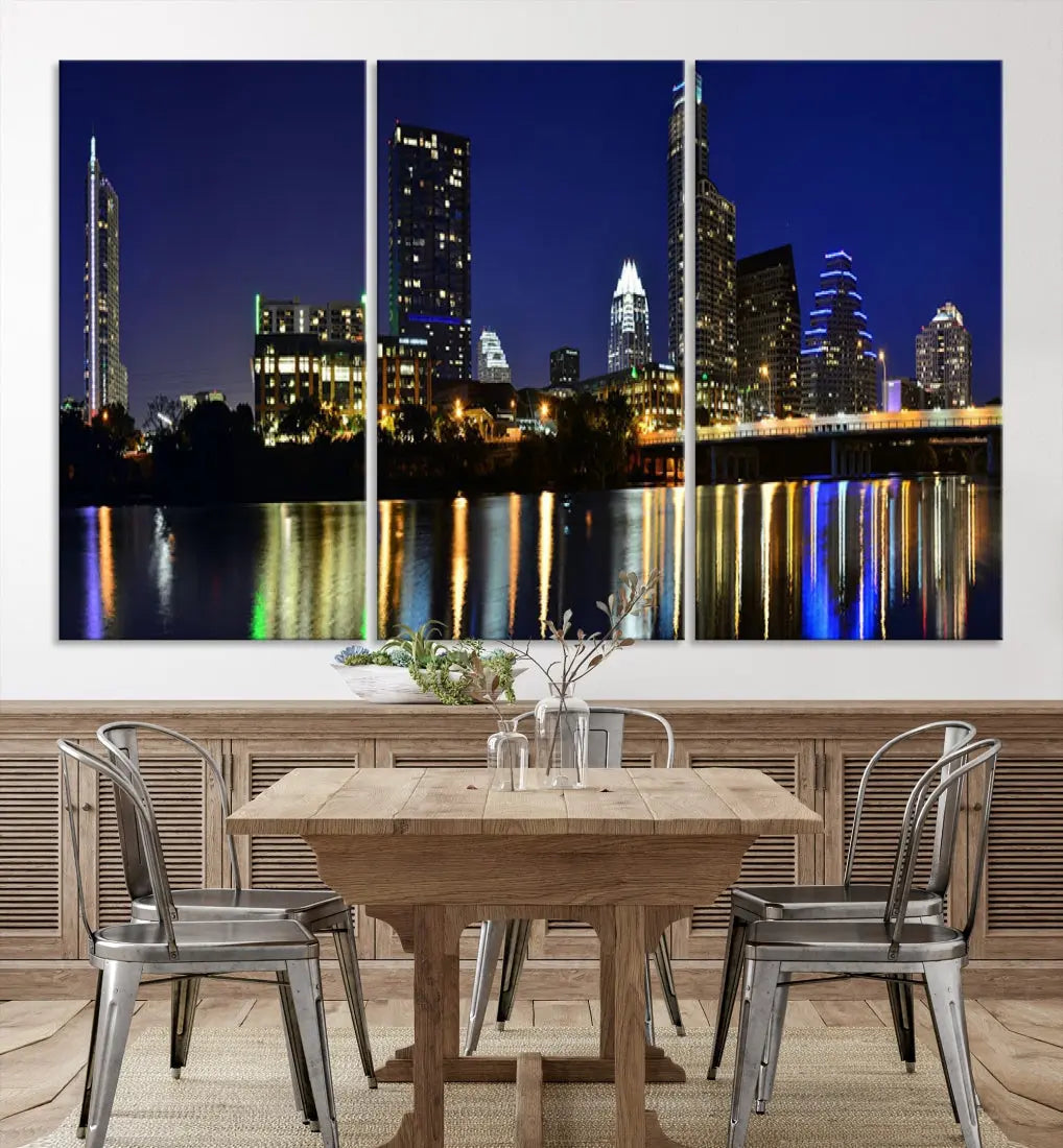 Large Austin City Night Blue Skyline Lights Cityscape Wall Art Print on Canvas