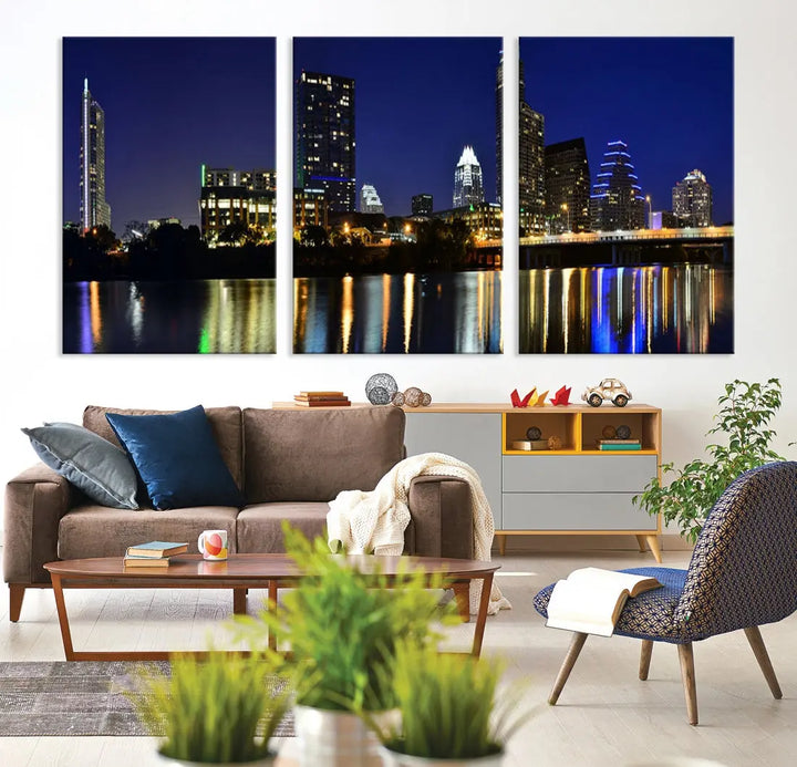 Large Austin City Night Blue Skyline Lights Cityscape Wall Art Print on Canvas