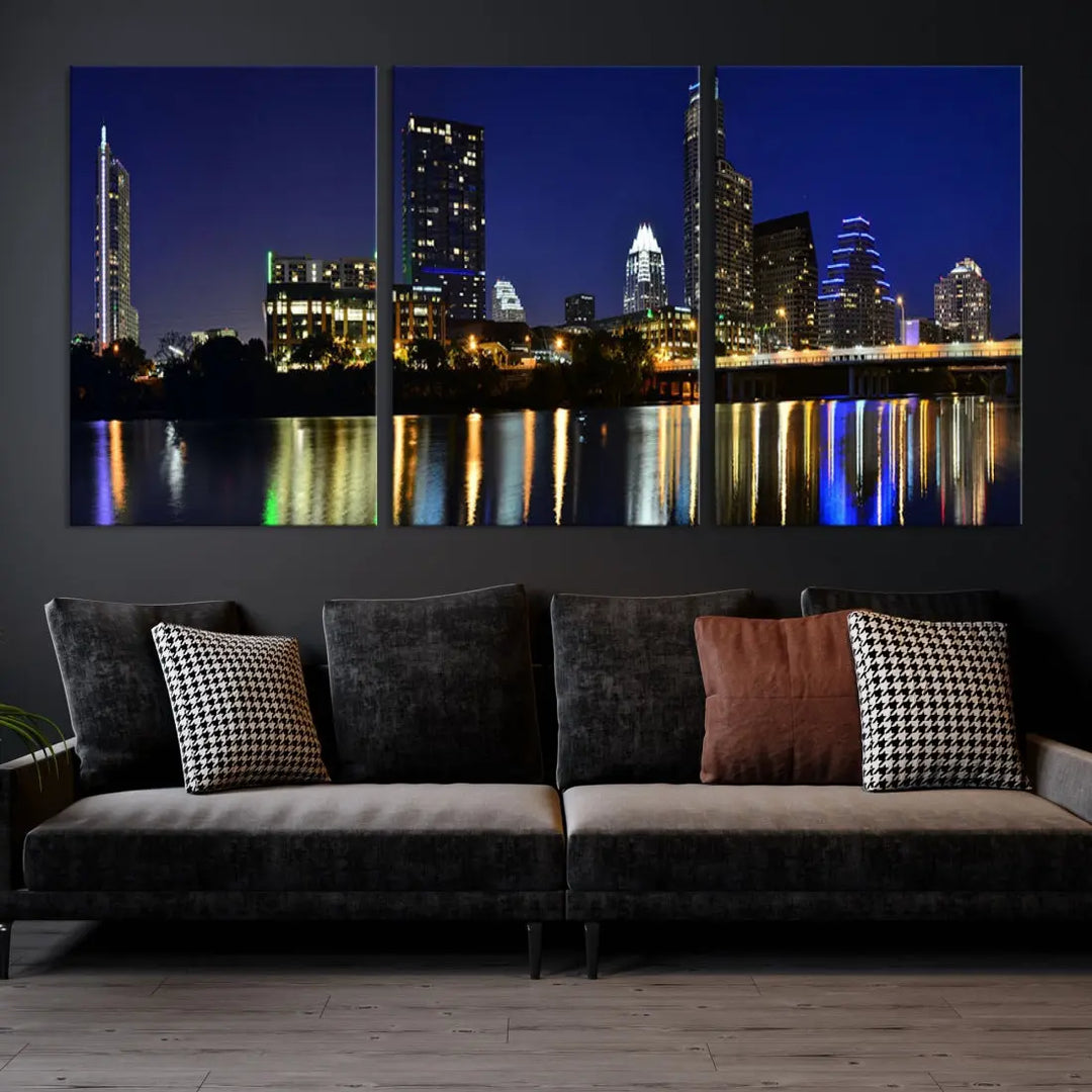 Large Austin City Night Blue Skyline Lights Cityscape Wall Art Print on Canvas