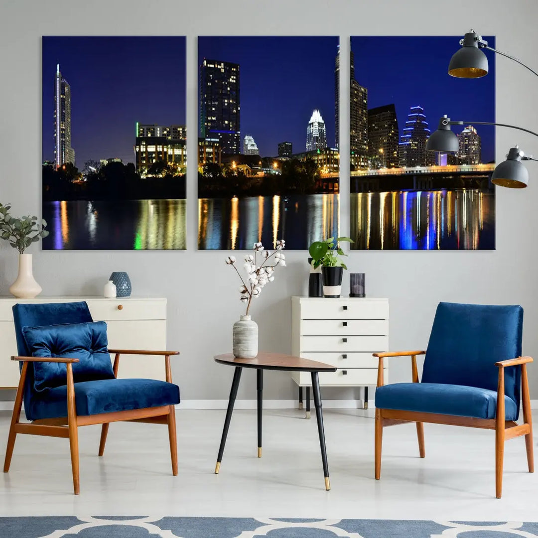 Large Austin City Night Blue Skyline Lights Cityscape Wall Art Print on Canvas