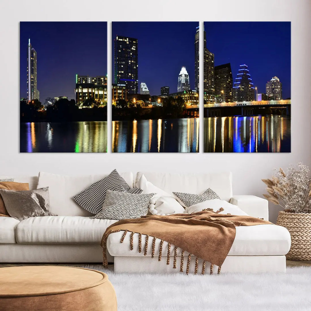 Large Austin City Night Blue Skyline Lights Cityscape Wall Art Print on Canvas