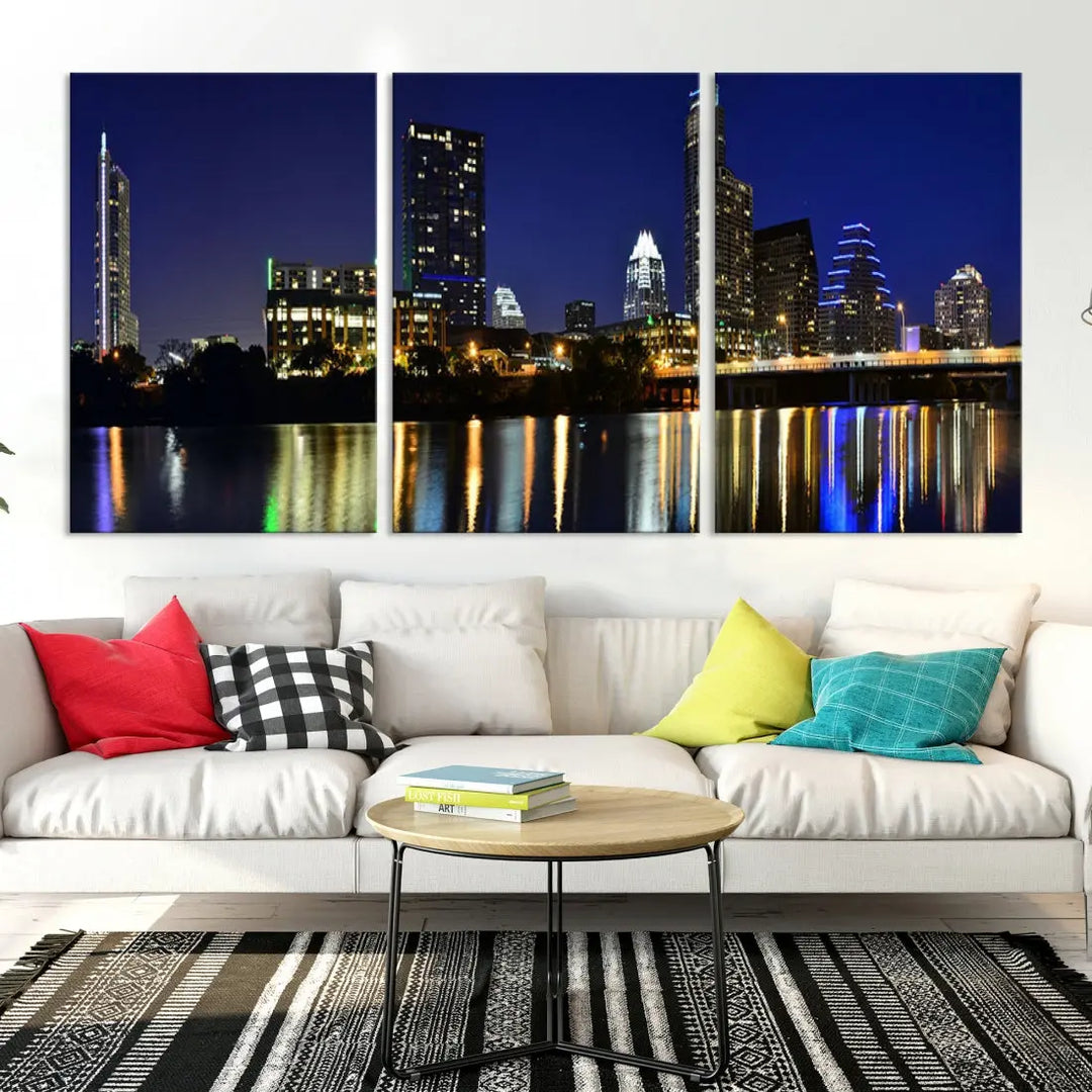 Large Austin City Night Blue Skyline Lights Cityscape Wall Art Print on Canvas