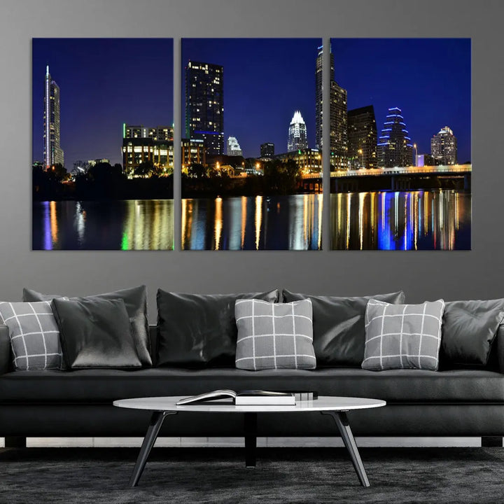 Large Austin City Night Blue Skyline Lights Cityscape Wall Art Print on Canvas