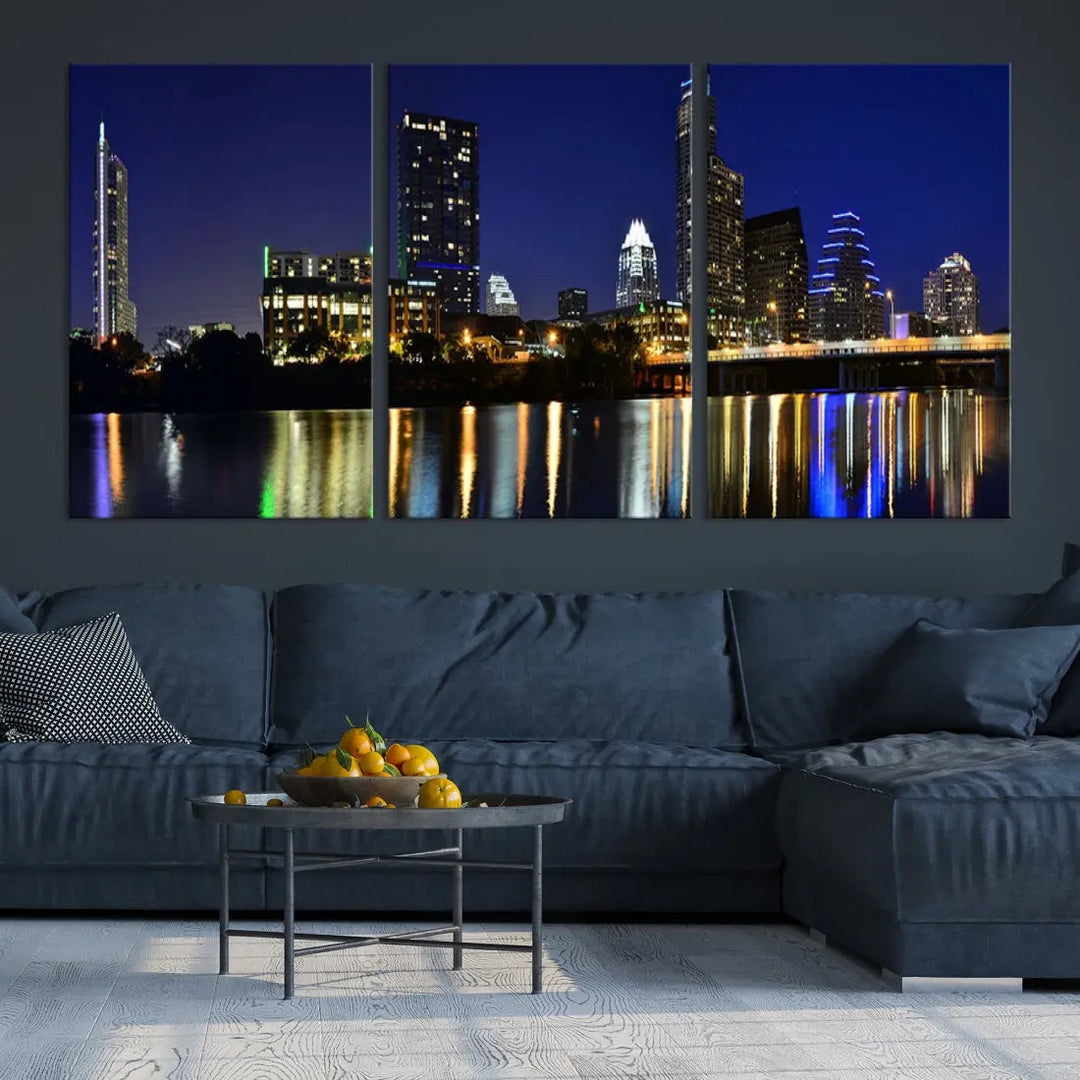 Large Austin City Night Blue Skyline Lights Cityscape Wall Art Print on Canvas