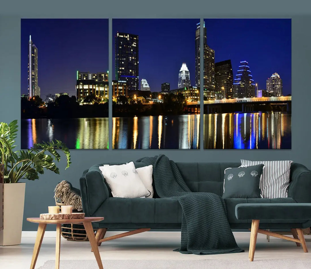 Large Austin City Night Blue Skyline Lights Cityscape Wall Art Print on Canvas