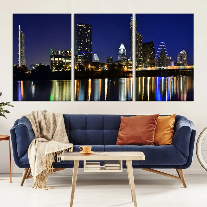 Large Austin City Night Blue Skyline Lights Cityscape Wall Art Print on Canvas