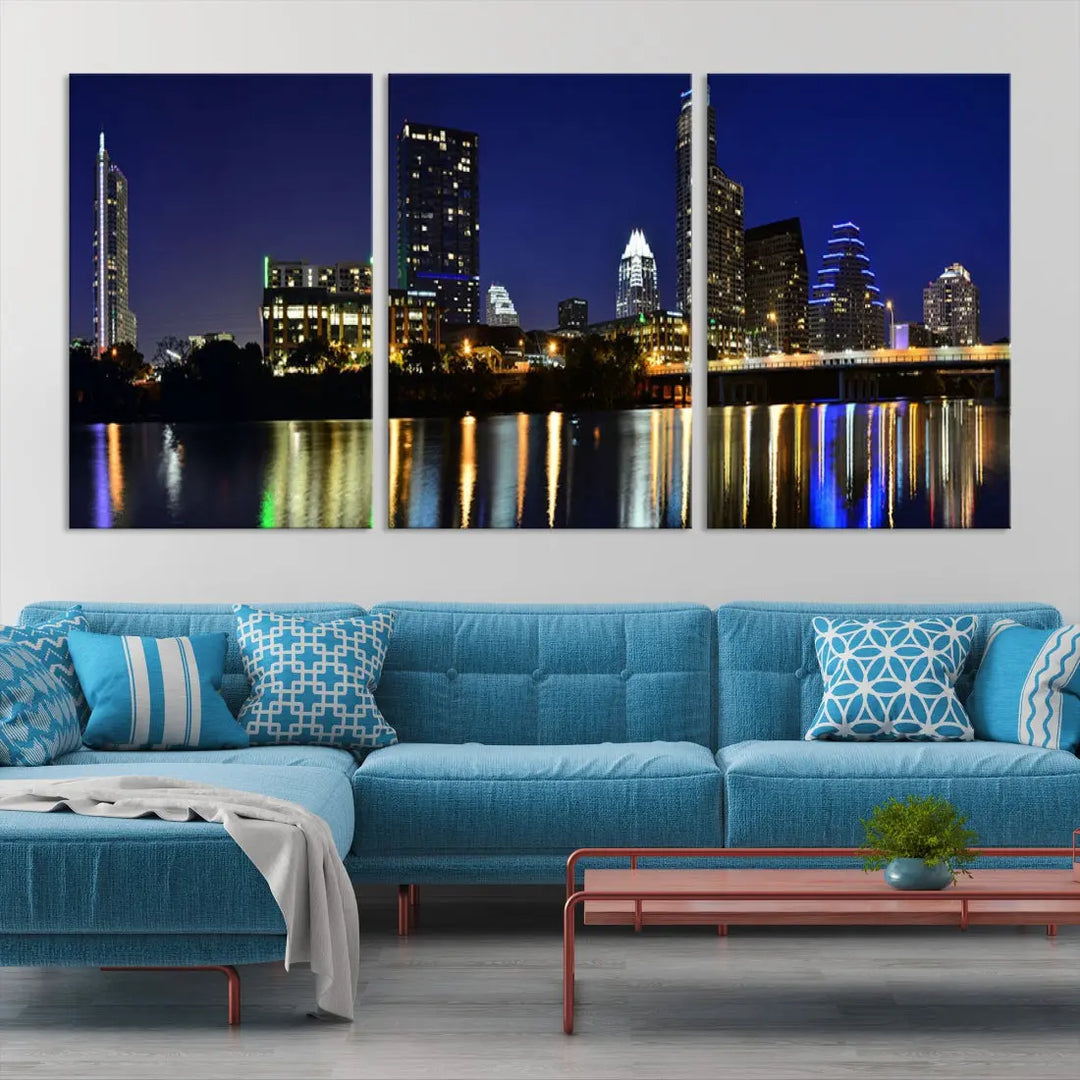 Large Austin City Night Blue Skyline Lights Cityscape Wall Art Print on Canvas