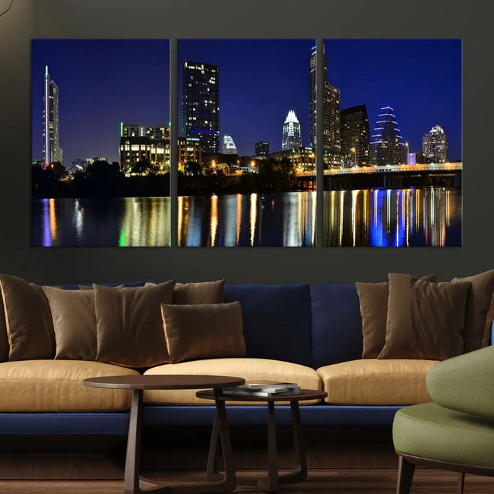 Large Austin City Night Blue Skyline Lights Cityscape Wall Art Print on Canvas