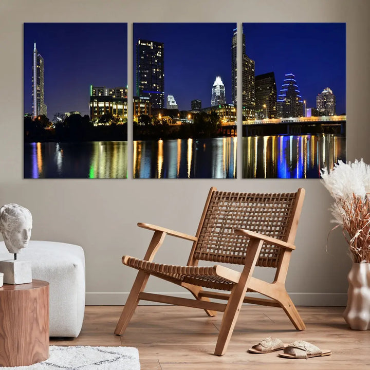 Large Austin City Night Blue Skyline Lights Cityscape Wall Art Print on Canvas