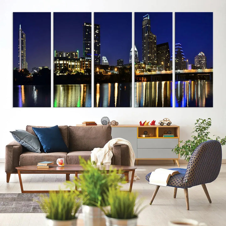 Large Austin City Night Blue Skyline Lights Cityscape Wall Art Print on Canvas