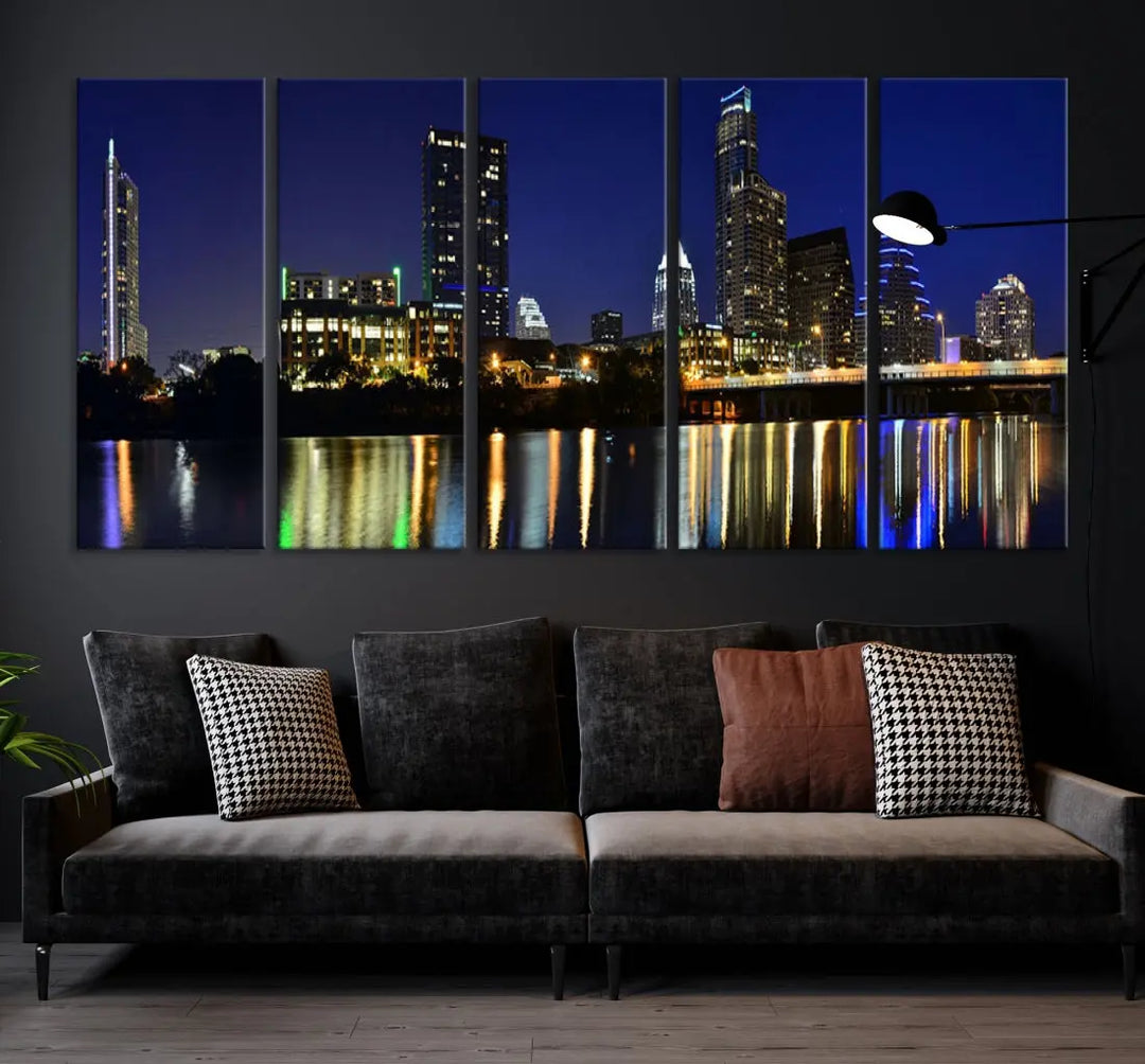 Large Austin City Night Blue Skyline Lights Cityscape Wall Art Print on Canvas