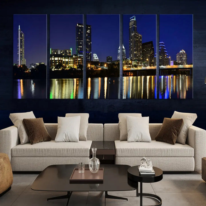 Large Austin City Night Blue Skyline Lights Cityscape Wall Art Print on Canvas