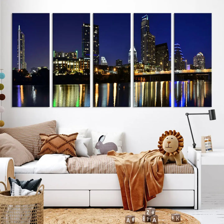 Large Austin City Night Blue Skyline Lights Cityscape Wall Art Print on Canvas