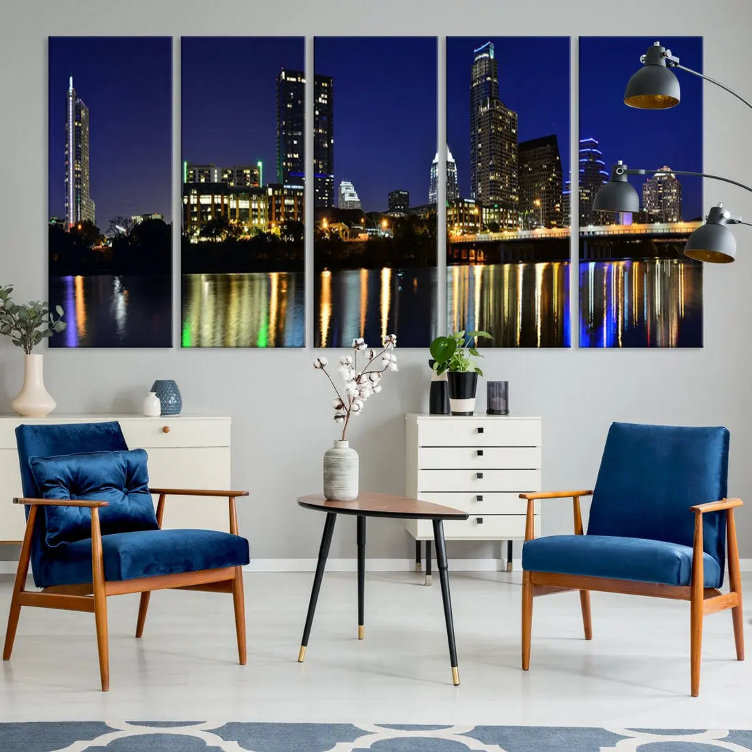 Large Austin City Night Blue Skyline Lights Cityscape Wall Art Print on Canvas