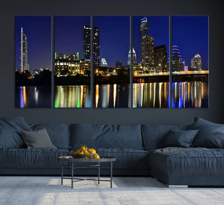 Large Austin City Night Blue Skyline Lights Cityscape Wall Art Print on Canvas