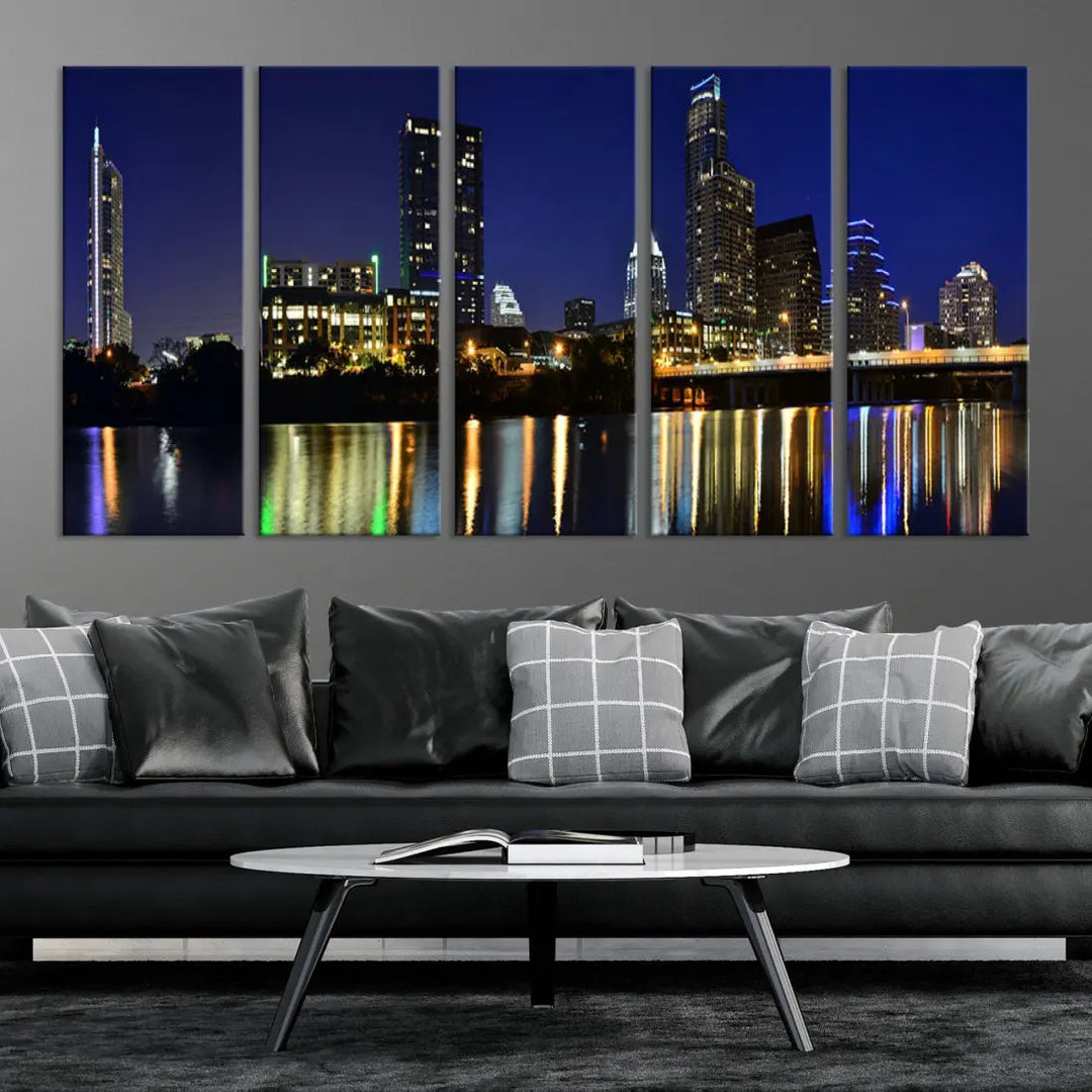 Large Austin City Night Blue Skyline Lights Cityscape Wall Art Print on Canvas