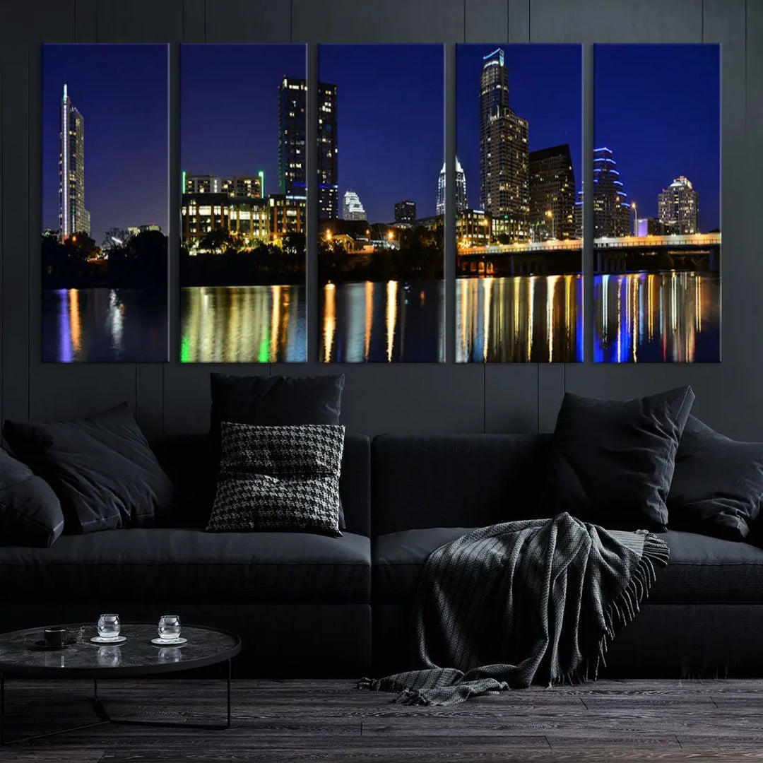 Large Austin City Night Blue Skyline Lights Cityscape Wall Art Print on Canvas