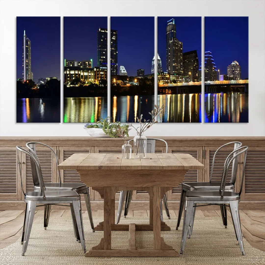 Large Austin City Night Blue Skyline Lights Cityscape Wall Art Print on Canvas