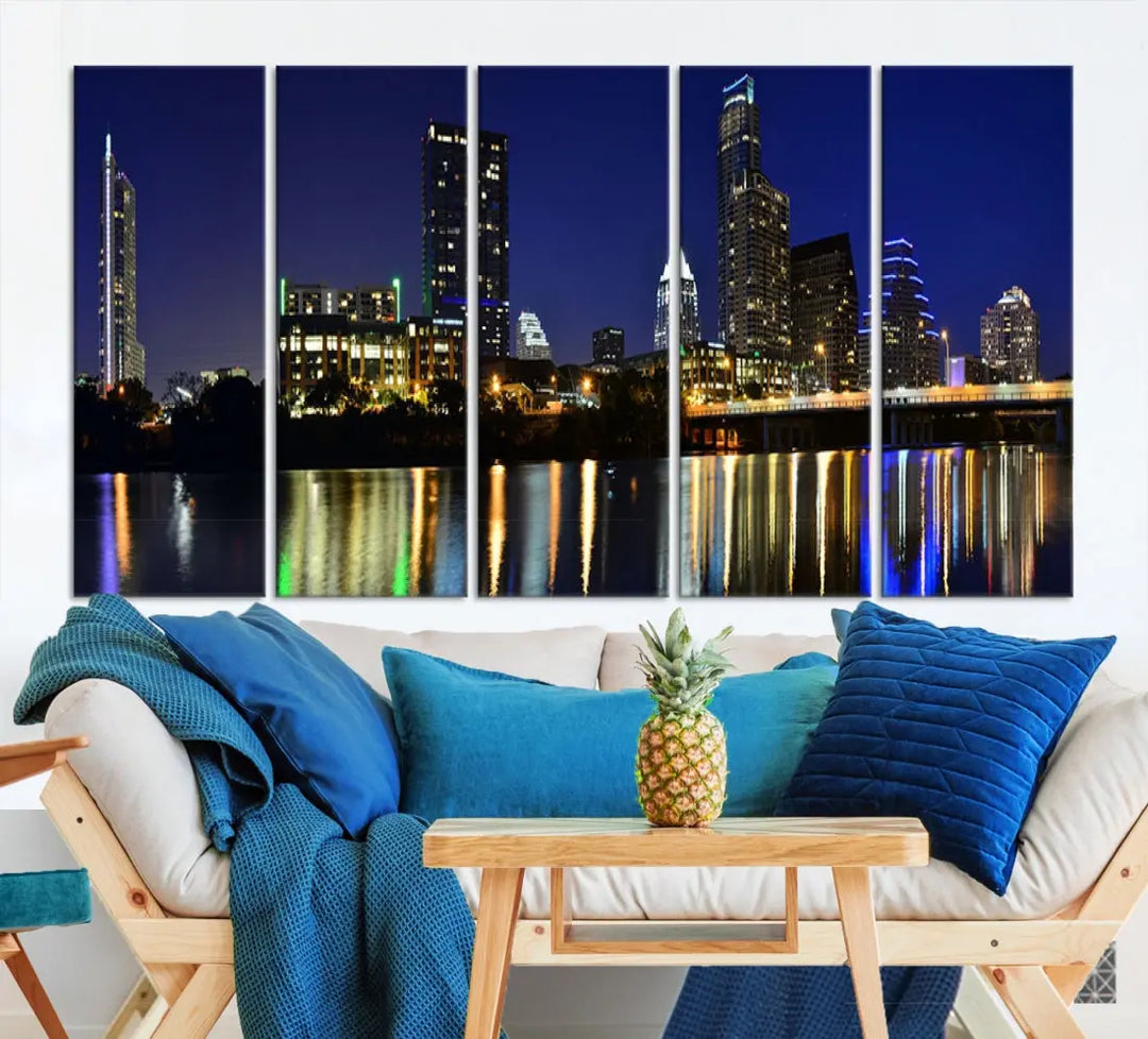 Large Austin City Night Blue Skyline Lights Cityscape Wall Art Print on Canvas