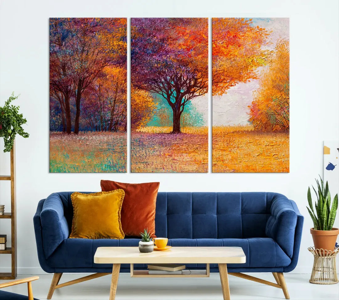 Large Autumn Tree Oil Painting Canvas Wall Art Print for Kitchen Office Decor