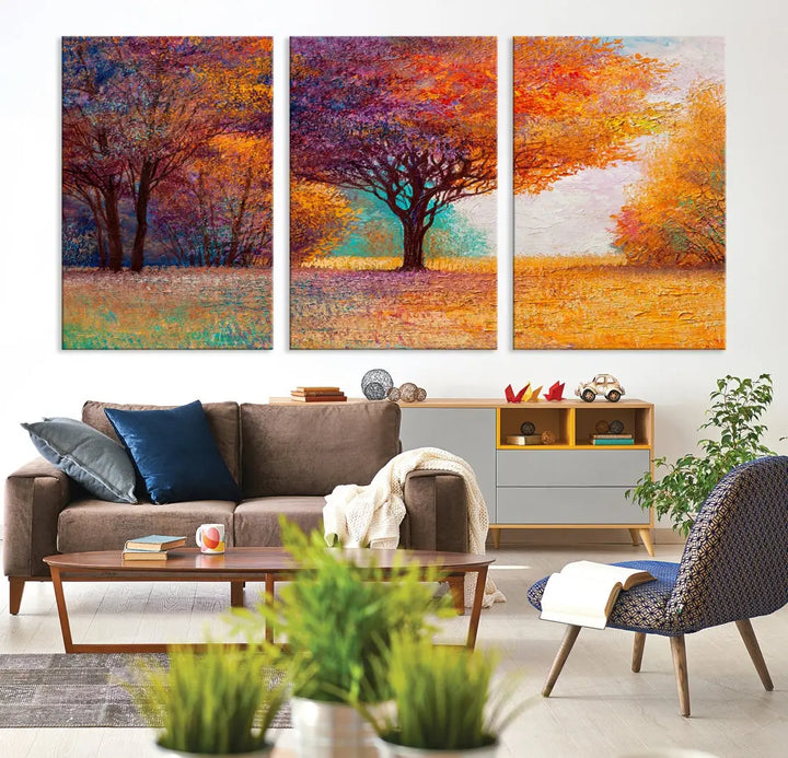 Large Autumn Tree Oil Painting Canvas Wall Art Print for Kitchen Office Decor