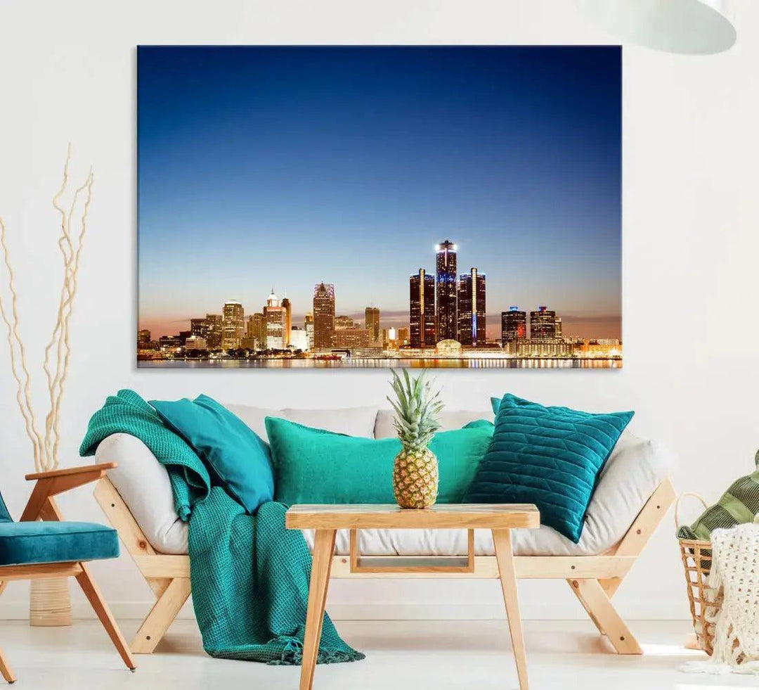 Large Blue Detroit Skyline Cityscape Wall Art Canvas Print Office Decor