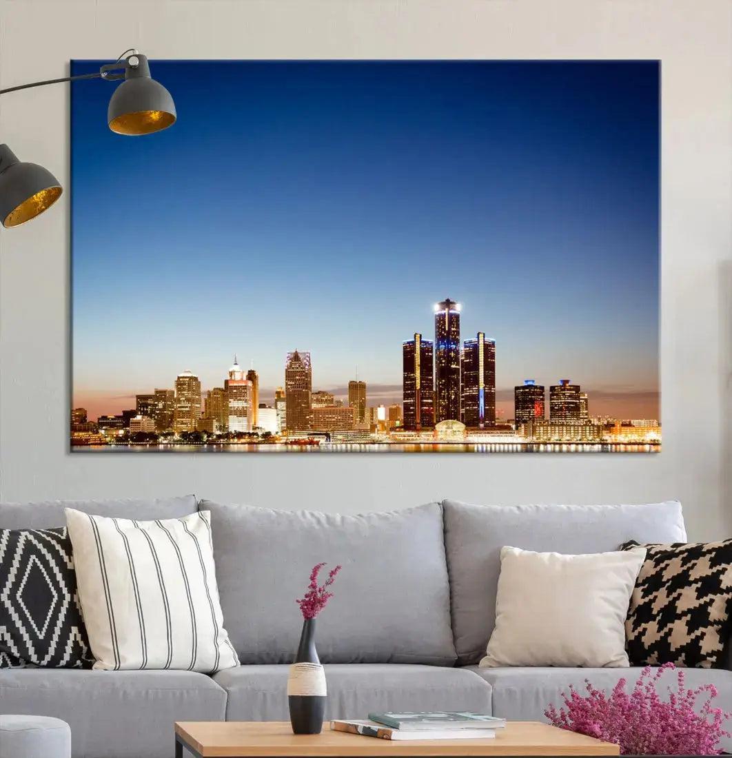 Large Blue Detroit Skyline Cityscape Wall Art Canvas Print Office Decor