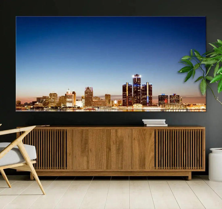 Large Blue Detroit Skyline Cityscape Wall Art Canvas Print Office Decor