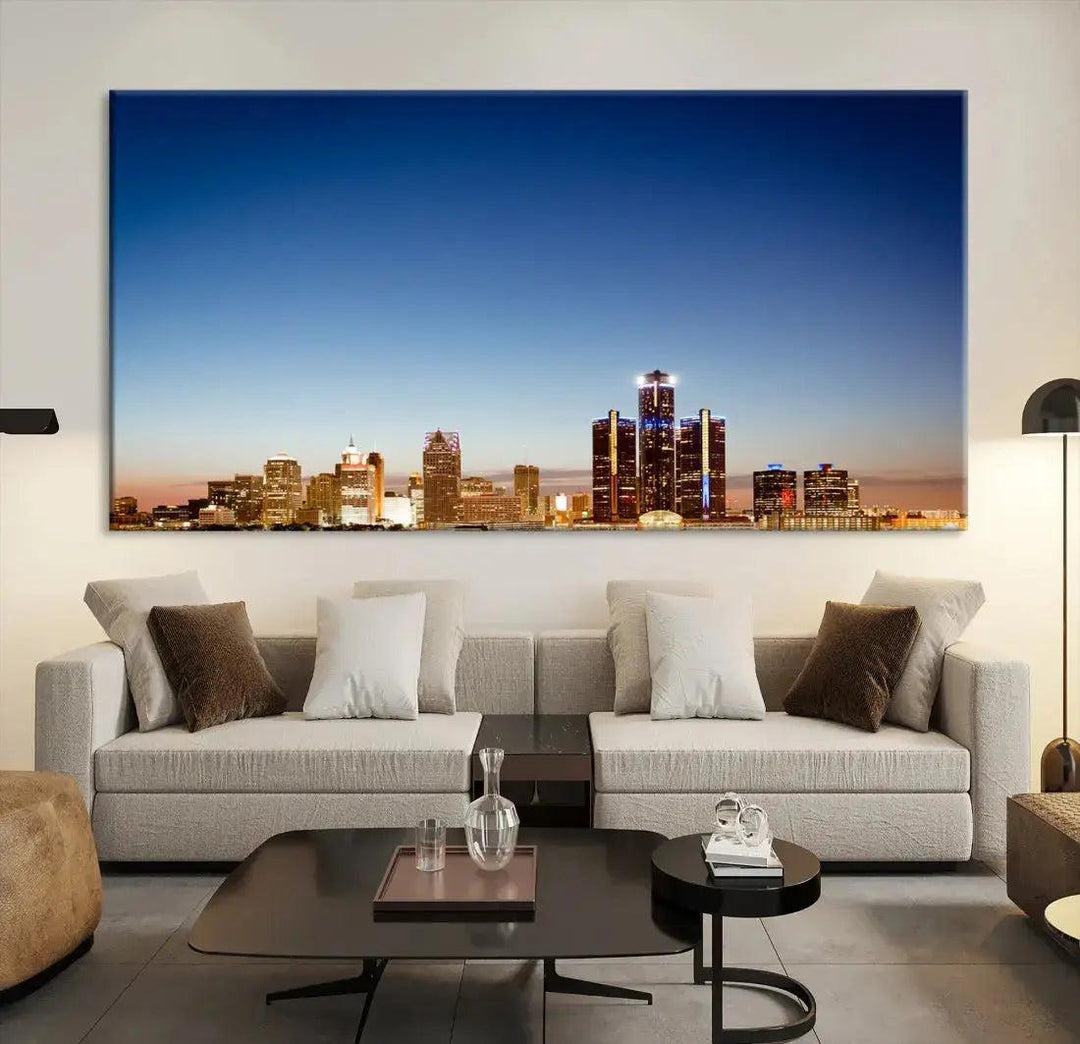 Large Blue Detroit Skyline Cityscape Wall Art Canvas Print Office Decor