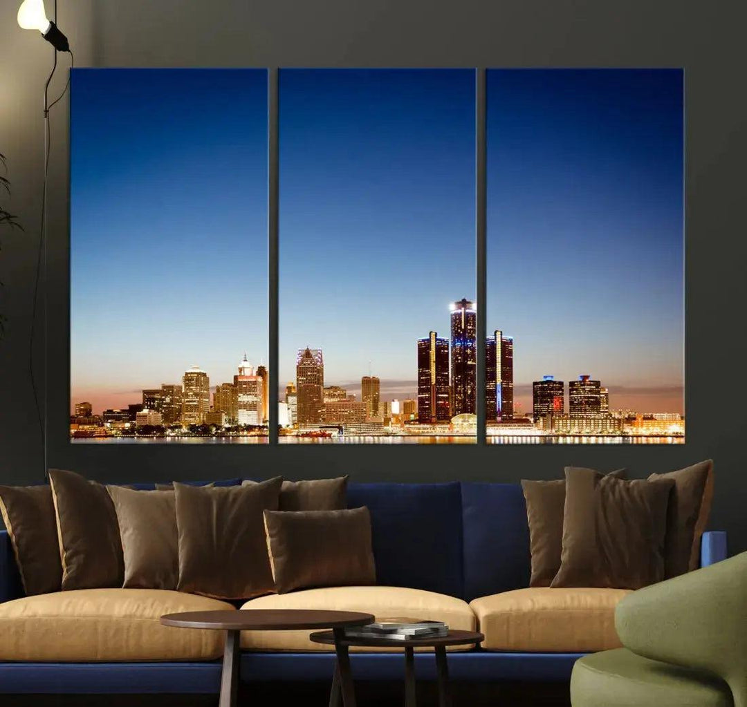 Large Blue Detroit Skyline Cityscape Wall Art Canvas Print Office Decor