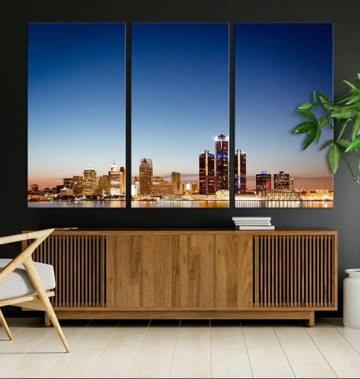 Large Blue Detroit Skyline Cityscape Wall Art Canvas Print Office Decor