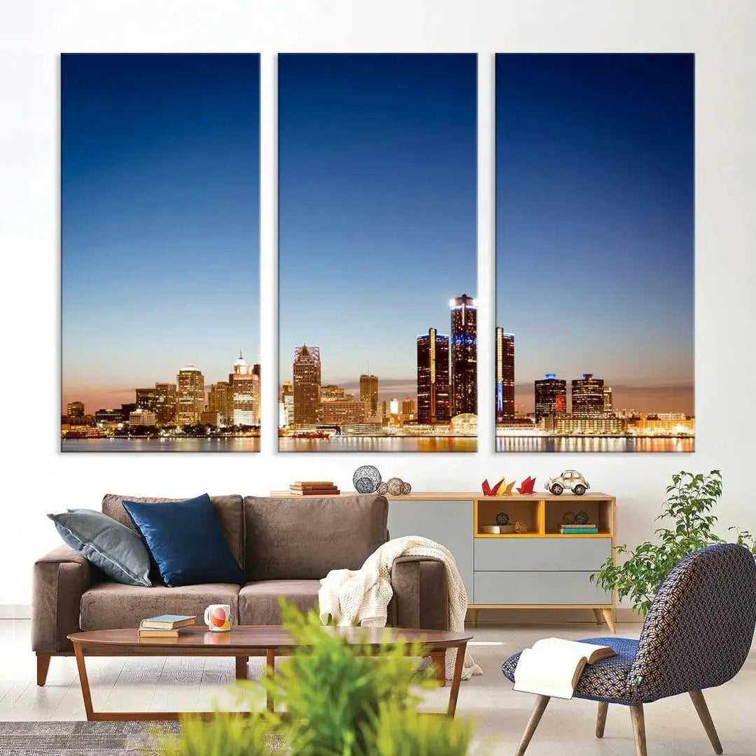 Large Blue Detroit Skyline Cityscape Wall Art Canvas Print Office Decor