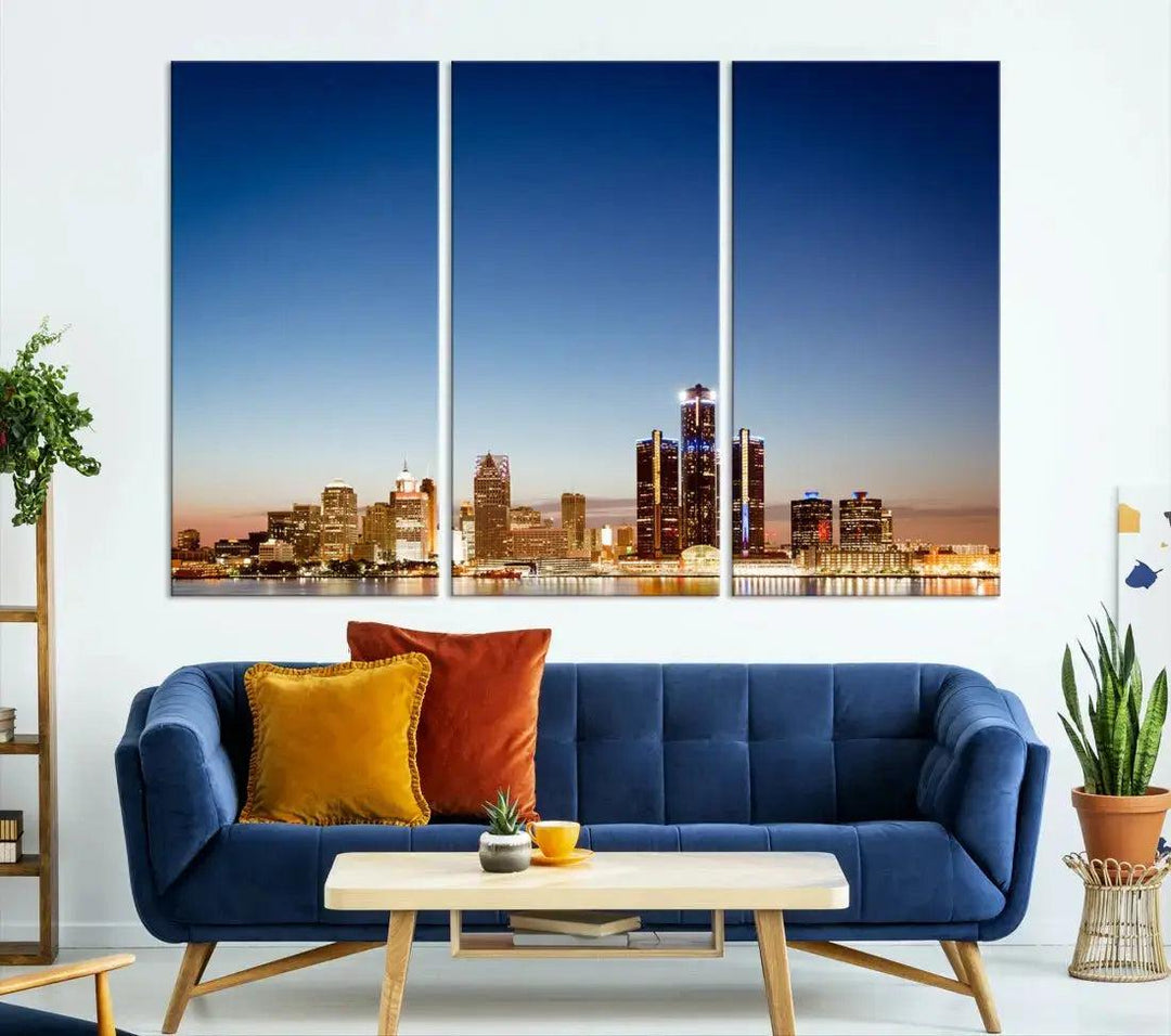 Large Blue Detroit Skyline Cityscape Wall Art Canvas Print Office Decor