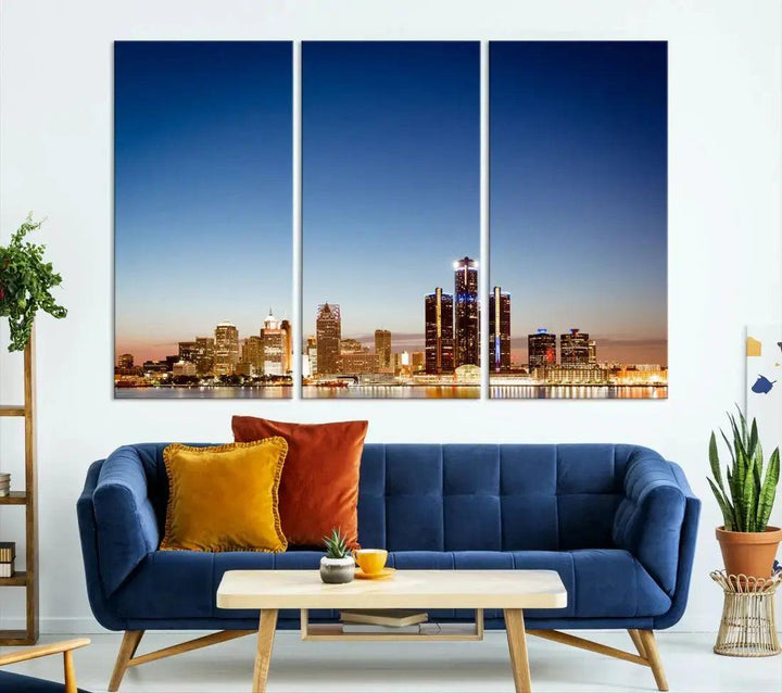 Large Blue Detroit Skyline Cityscape Wall Art Canvas Print Office Decor