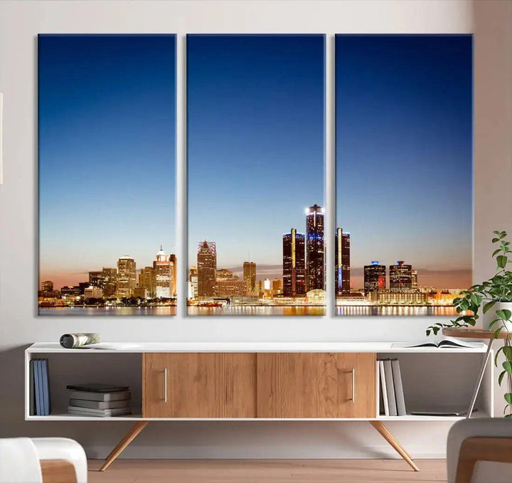 Large Blue Detroit Skyline Cityscape Wall Art Canvas Print Office Decor