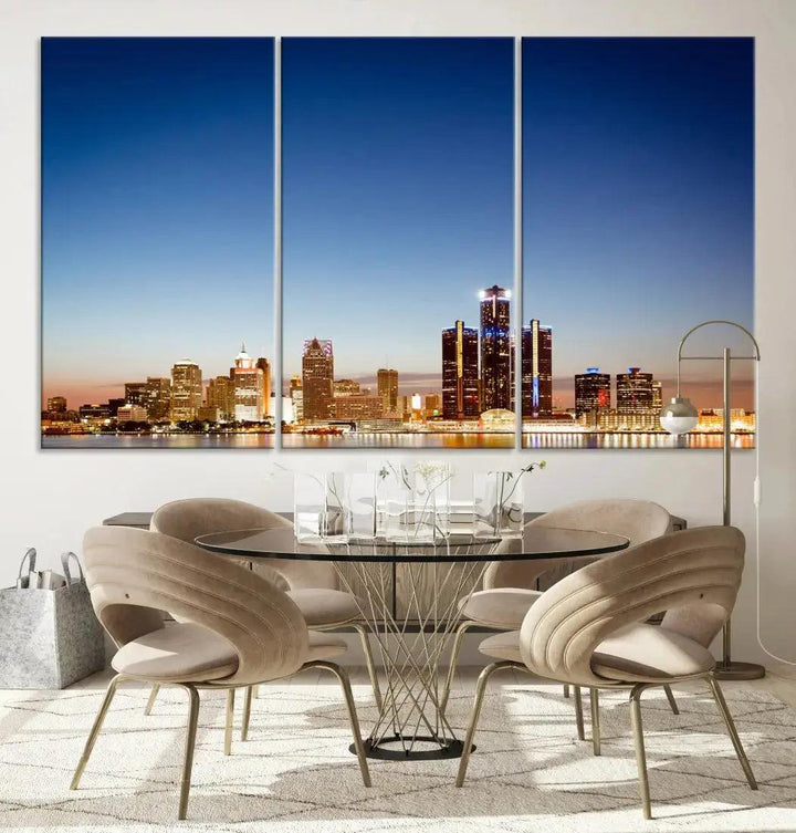 Large Blue Detroit Skyline Cityscape Wall Art Canvas Print Office Decor