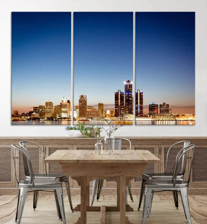 Large Blue Detroit Skyline Cityscape Wall Art Canvas Print Office Decor