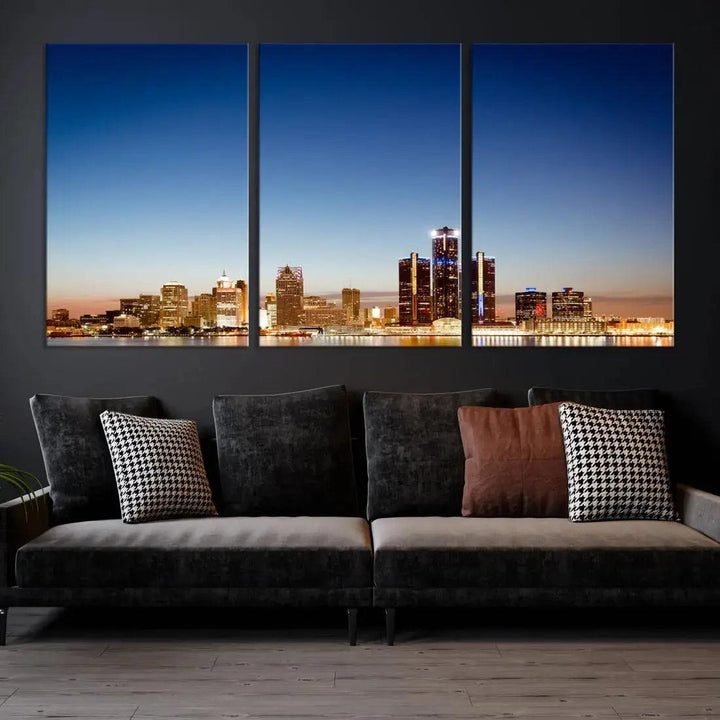 Large Blue Detroit Skyline Cityscape Wall Art Canvas Print Office Decor