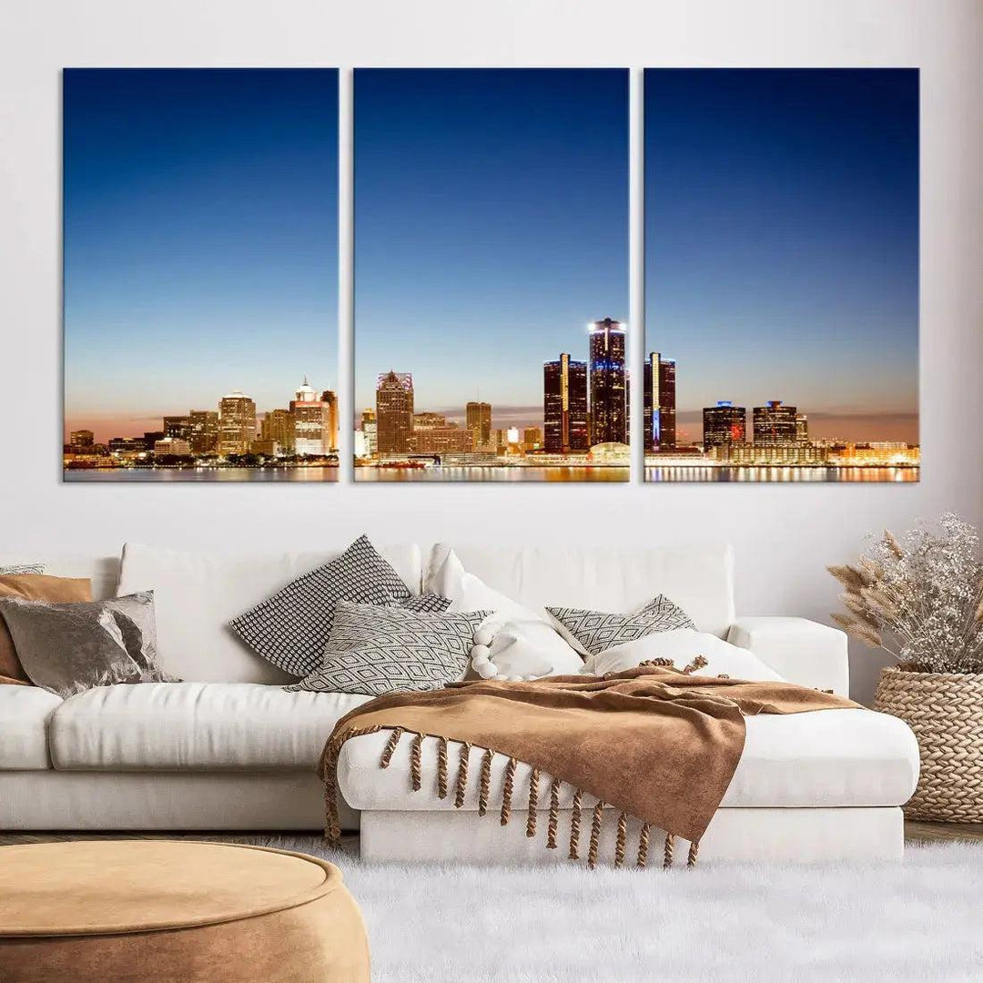 Large Blue Detroit Skyline Cityscape Wall Art Canvas Print Office Decor