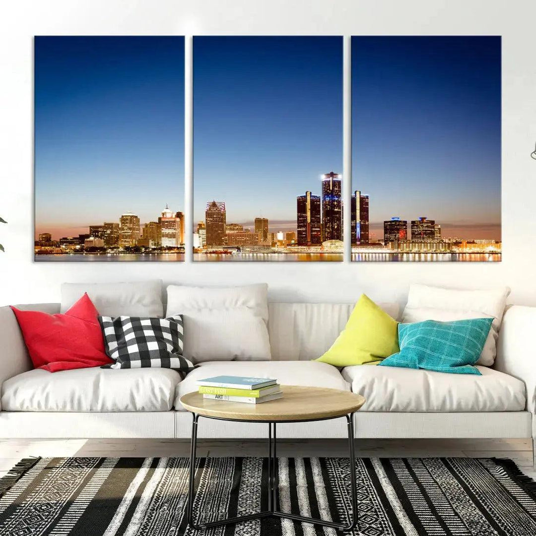 Large Blue Detroit Skyline Cityscape Wall Art Canvas Print Office Decor