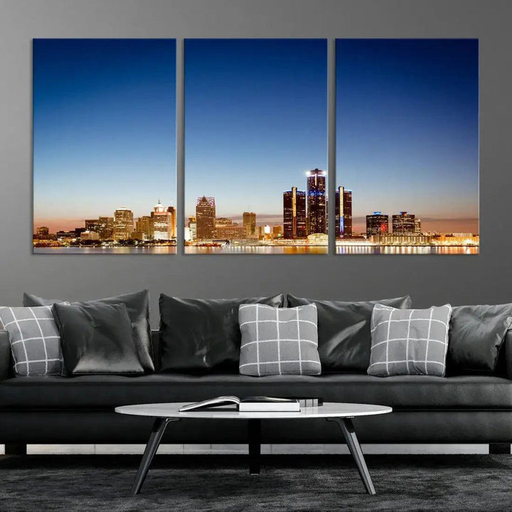 Large Blue Detroit Skyline Cityscape Wall Art Canvas Print Office Decor