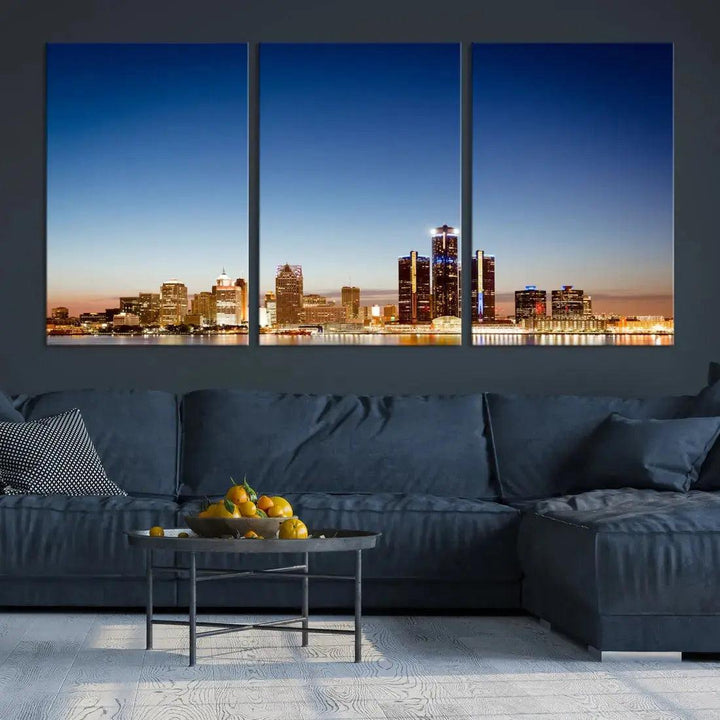 Large Blue Detroit Skyline Cityscape Wall Art Canvas Print Office Decor