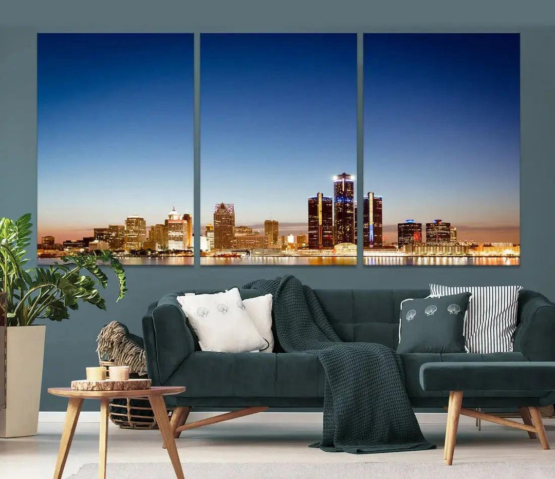 Large Blue Detroit Skyline Cityscape Wall Art Canvas Print Office Decor