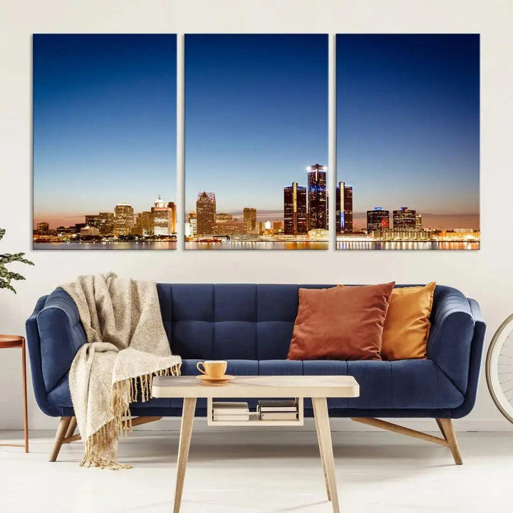 Large Blue Detroit Skyline Cityscape Wall Art Canvas Print Office Decor