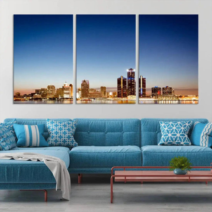 Large Blue Detroit Skyline Cityscape Wall Art Canvas Print Office Decor