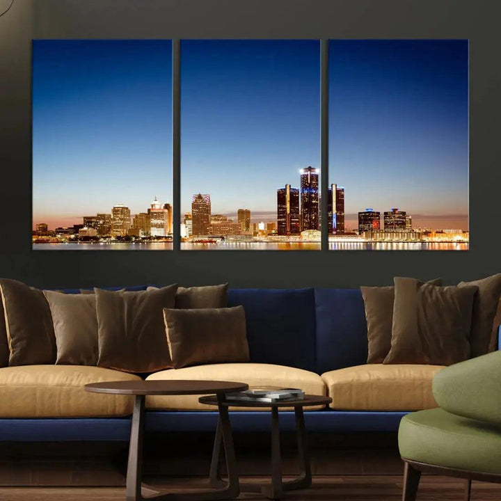 Large Blue Detroit Skyline Cityscape Wall Art Canvas Print Office Decor